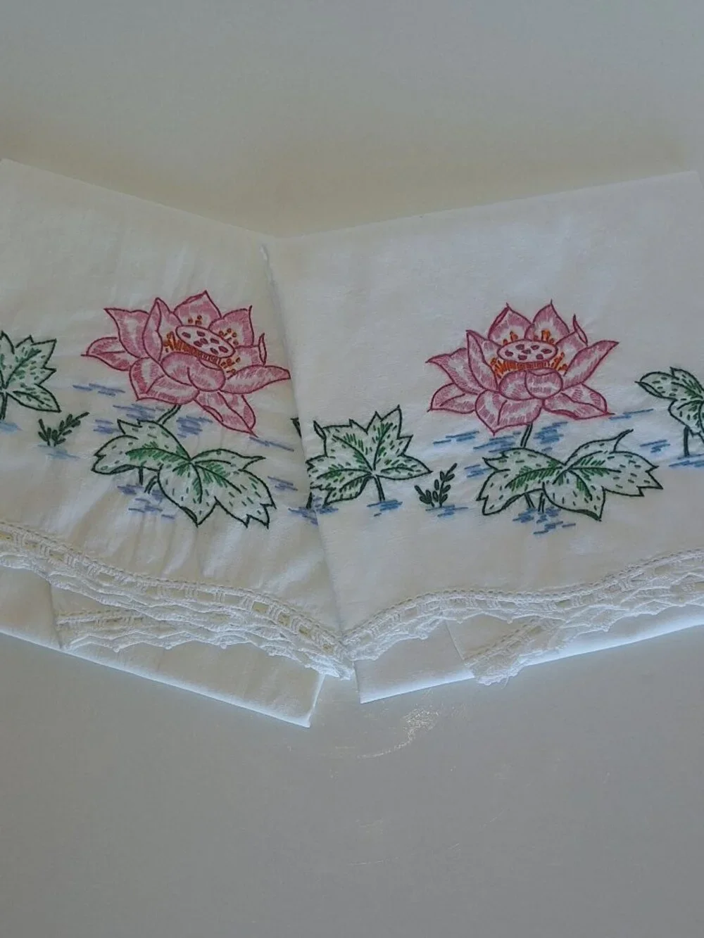 Vintage 2 Hand Embroidered Pilllowcases Pink Flowers